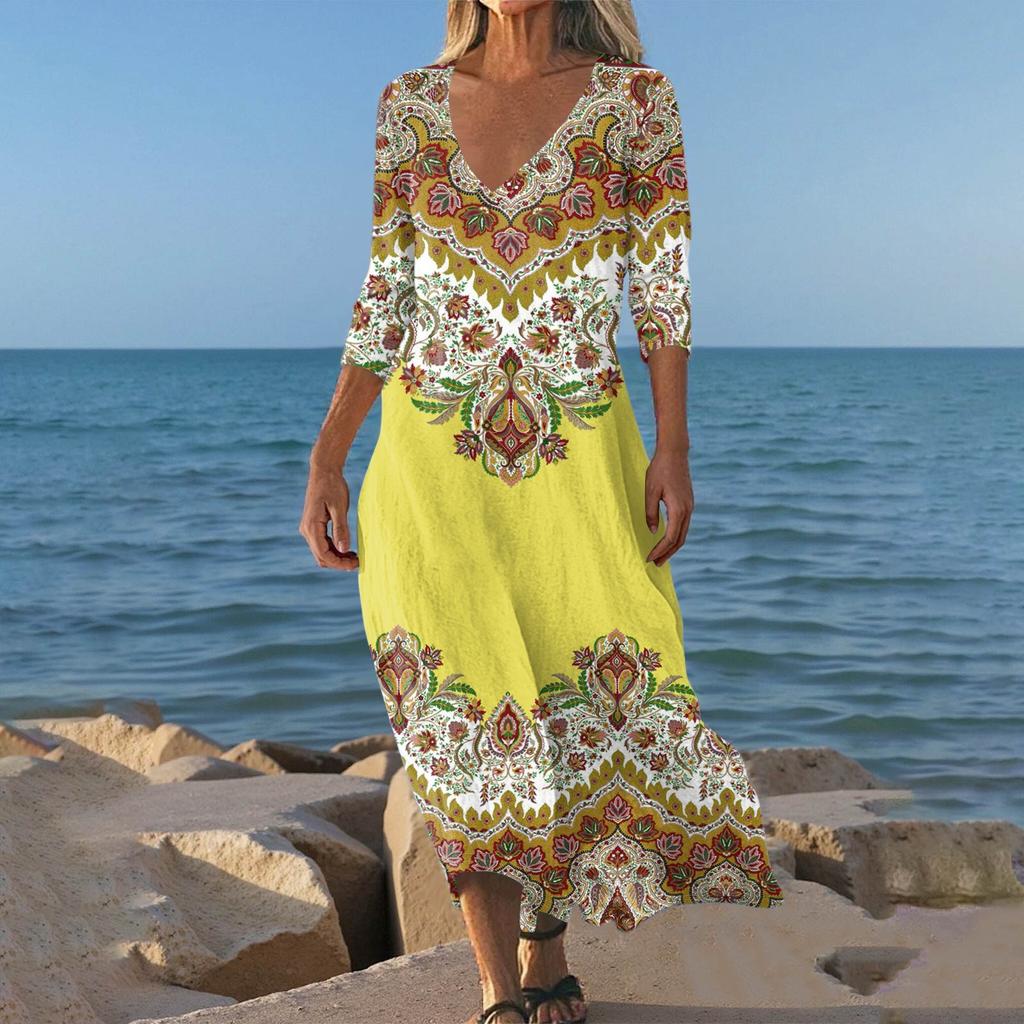 Dresses For Womens Vintage Print Tunic Waisted Midi Dress Summer Casual 3/4 Sleeve Dress