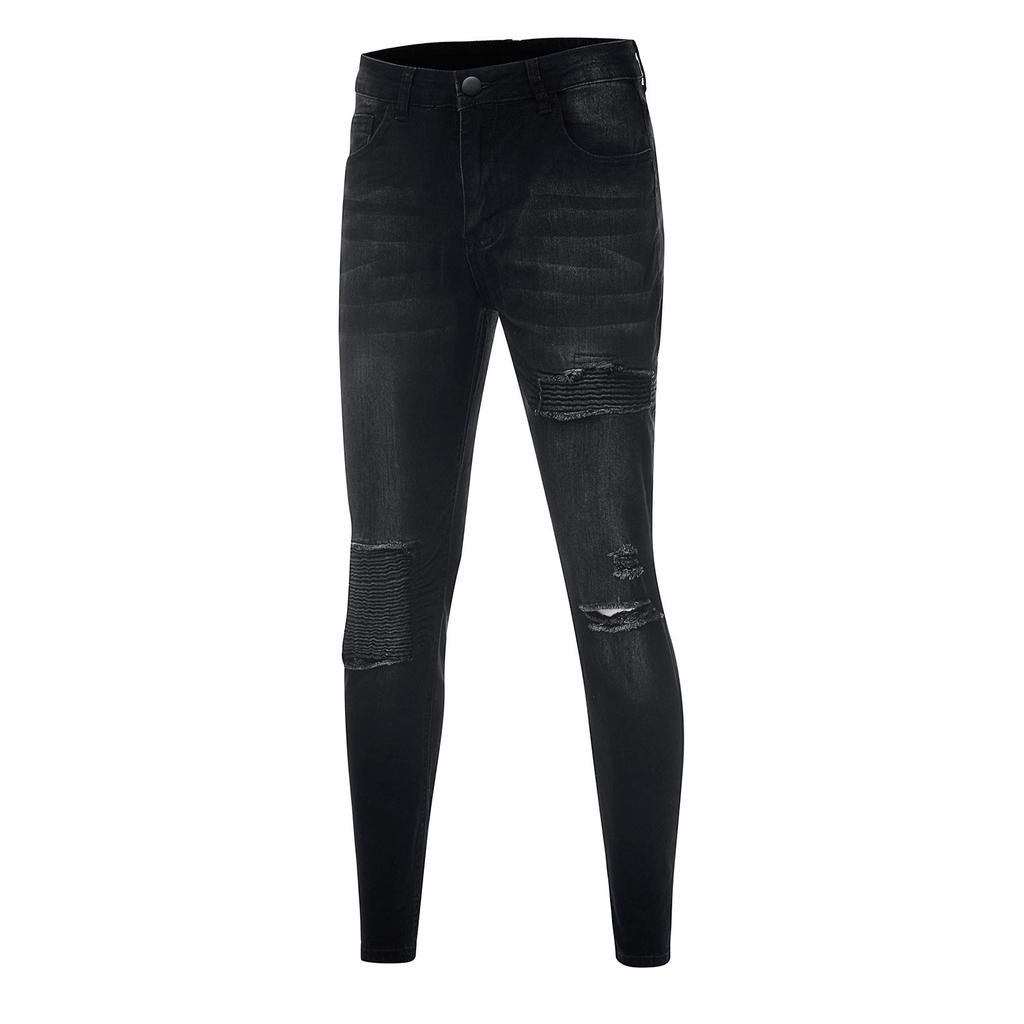 Pantaloni jeans da uomo con cerniera a righe in denim con foro vintage lavaggio hip-hop da lavoro
