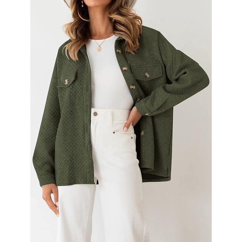 Womens Solid Color Diamond Pocket Casual Buttoned Collared Jacket