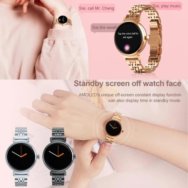 1,04-calowy ekran AMOLED Modny damski smartwatch Ekran zawsze włączony Połączenia Bluetooth Smartwatch Metalowa obudowa Zegarek z małym ekranem