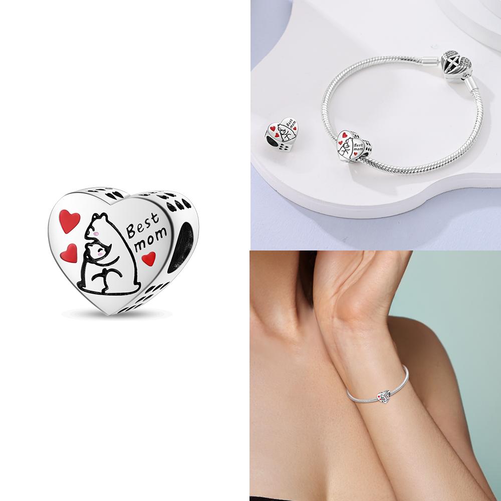 Rose Gold Pink Zircon Love Heart Beads Fit Bracelet Charms Copper Original Jewelry Women Diy Accessories