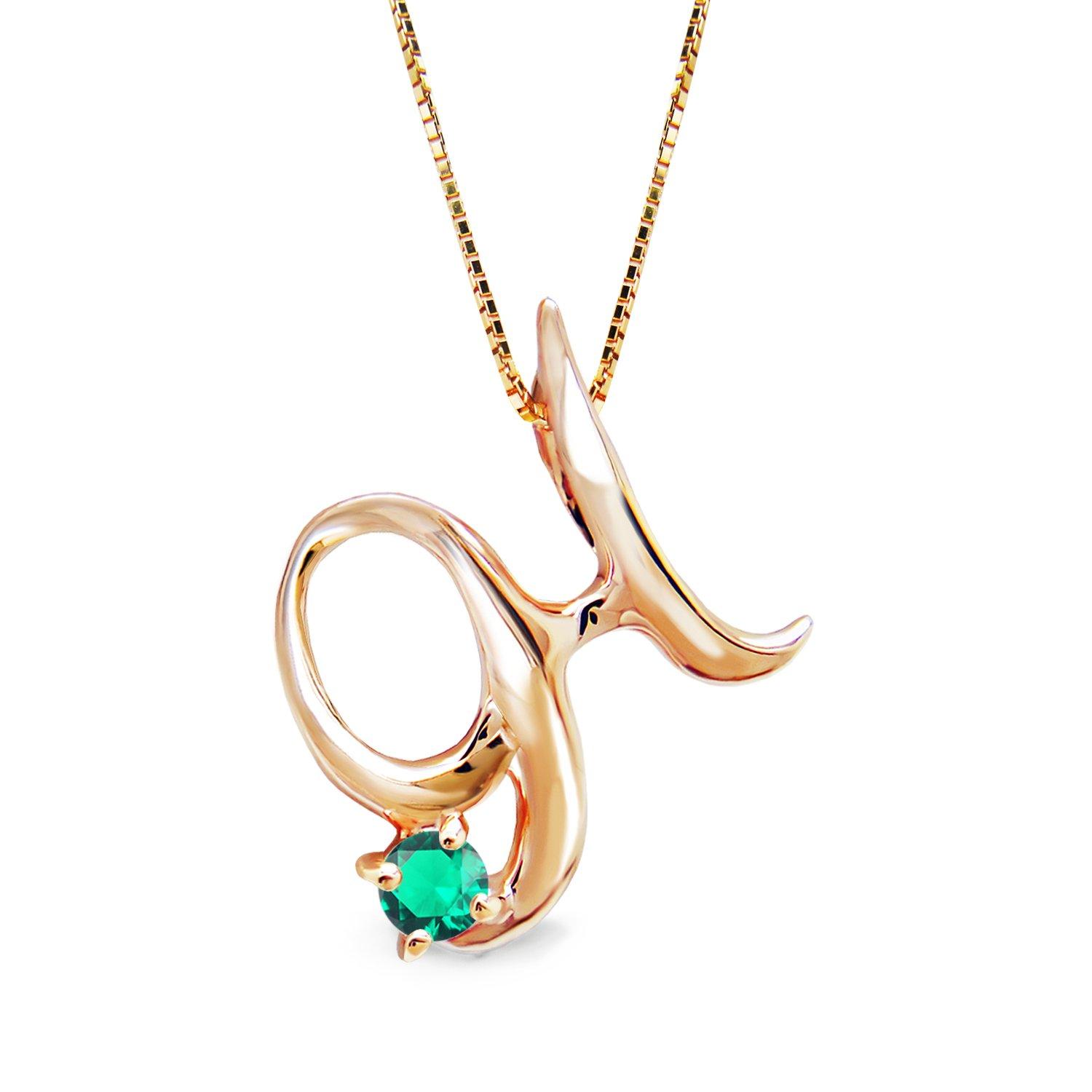 

miwahouseki Initial Pink Gold Alphabet Necklace with Selectable Birthstone May Emerald [Miwahouseki] [H]