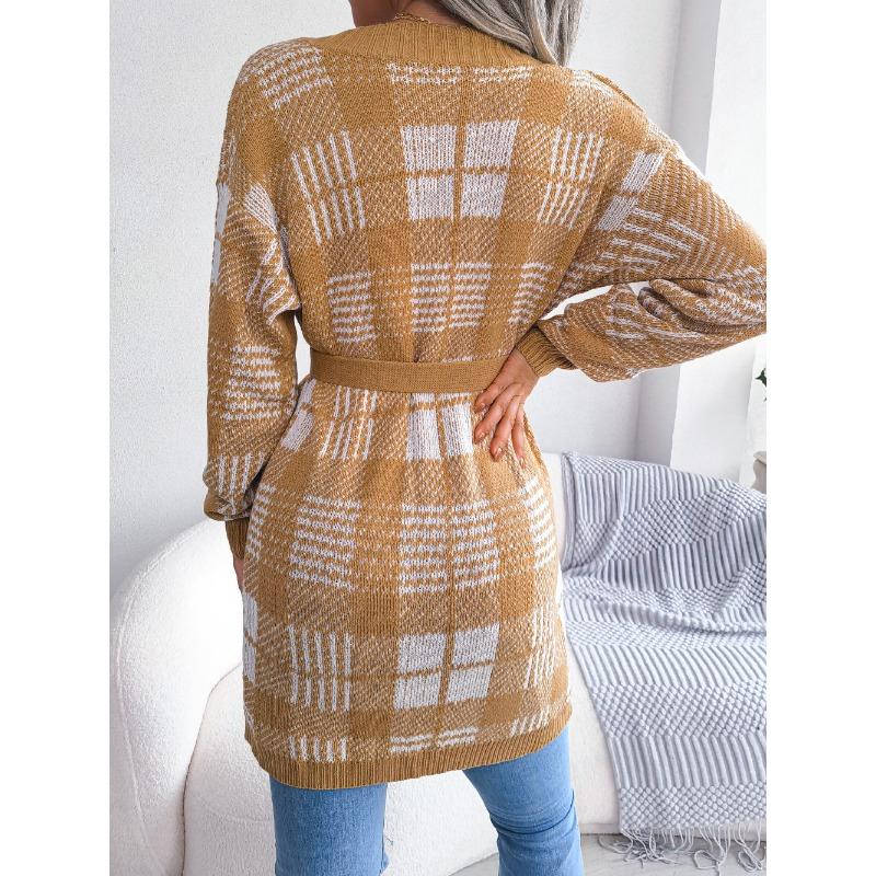 Dámský podzimní a zimní kostkovaný krajkový ležérní kardigan s lucernovými rukávy