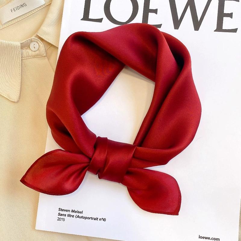 53CM Square 100% Mulberry Silk Scarf Solid Color Roll Edge Small Head Neck Hijab Women Decoration Kerchief Silk Bandana Scarves