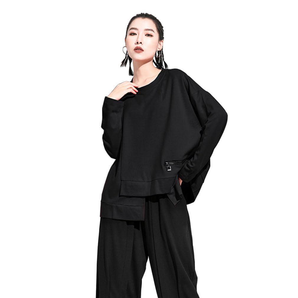 Morino Long Sleeve Asymmetrical Top with Zipper Design and Loose Unique Street Adult Fashion for Spring and Fall Women's Pockets, Fit, Style, (Black)