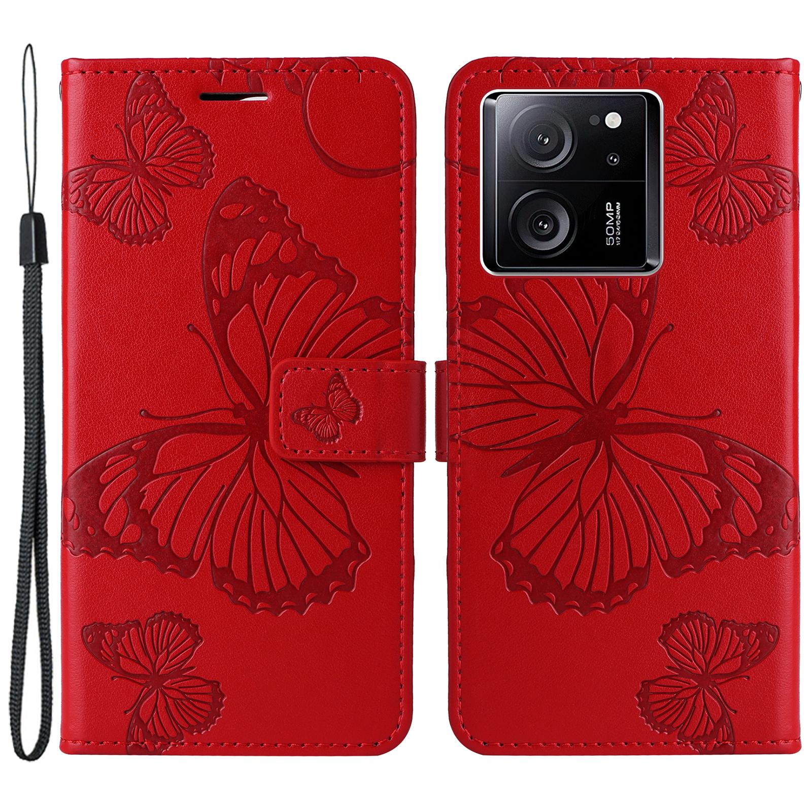 

For Xiaomi 13T/13T Pro/Redmi K60 Ultra Wallet Case Floral Butterfly Imprinted Leather Phone Cover Stand Red