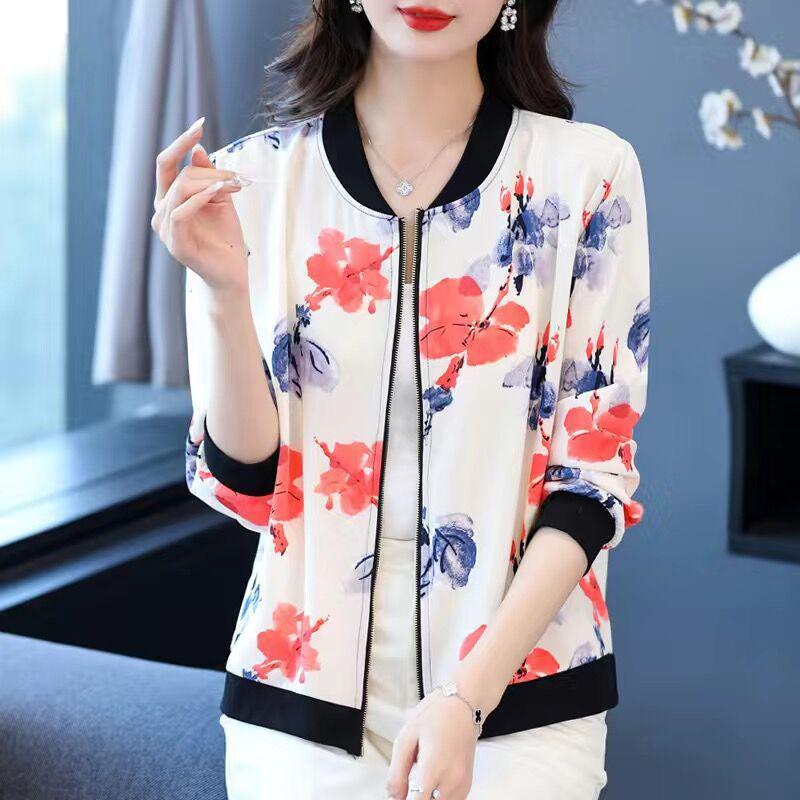 2026 Summer Plus Size Chiffon Sunscreen Coat for Middle-Aged Women - Lightweight Printed Jacket