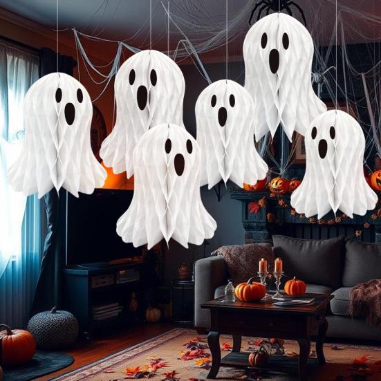 Halloween Ghost Hanging Decoration White Paper Ghost Honeycomb Centerpieces for Indoor Outdoor Halloween Party Decor