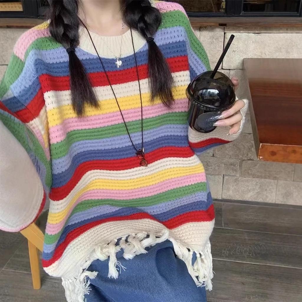Autumn New Rainbow Striped Hollow Sweater Women's Fashionable Loose Design Tassel Knit Sweater