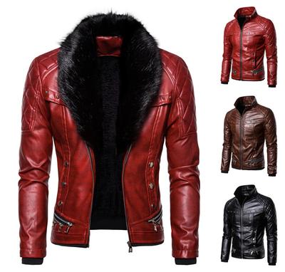 Herren Winter Fleece Motorrad Lederjacke Umlegekragen mit Pelz Slim Fit Warme Jacken Mäntel Herren Moto Biker Mantel