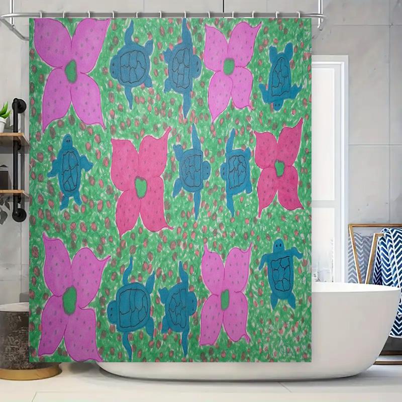 

Bright Floral Shower Curtain Green Turtle Flower Print Home Decor Bathroom Hanging Liner For Kids Room Decoration Pink Blue Purp W60H190(CM)-1 Pcs