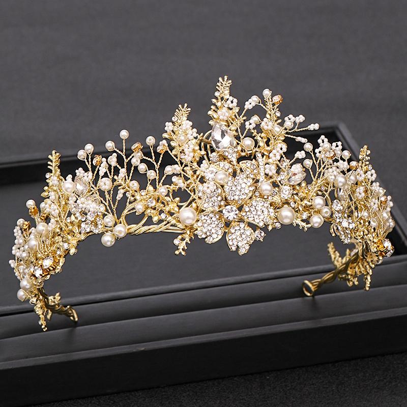 Trendige Hochzeitskrone Handgefertigt Barock Gold Perle Strass Kristall Krone Hochzeits-Haarschmuck Krone Braut Hochzeitskrone