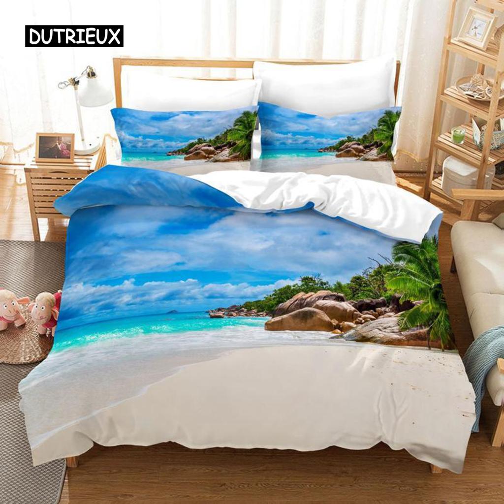 Ocean Duvet Cover Set Summer Beach Decor Hawaiian Vacation Style Bedding Set Palm Tree Tropical Nature Sea Polyester Quilt Cover