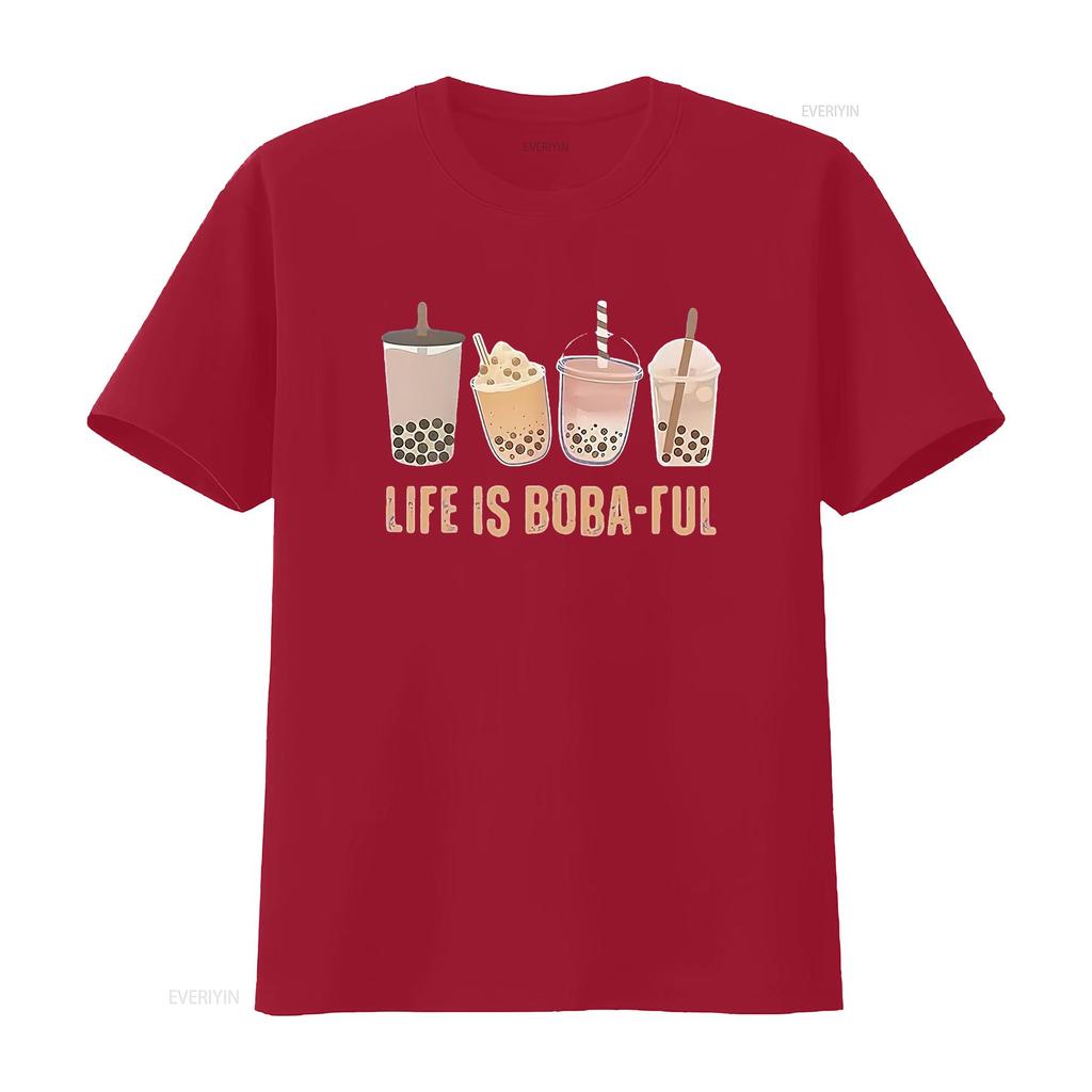Life Is Boba Ful T Shirt For Women Cute Pearl Milk Tea Pattern Casual Funny Tops Lover GifT vintage Washed Versatile