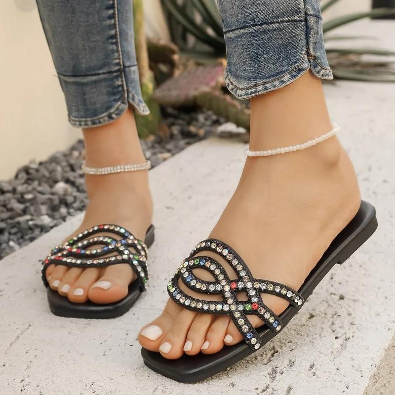 New 2025 Summer Flat Heel Rhinestone Ladies Shoes Women Rhinestones Sandals High Quality Outdoor Beach Slides Slippers