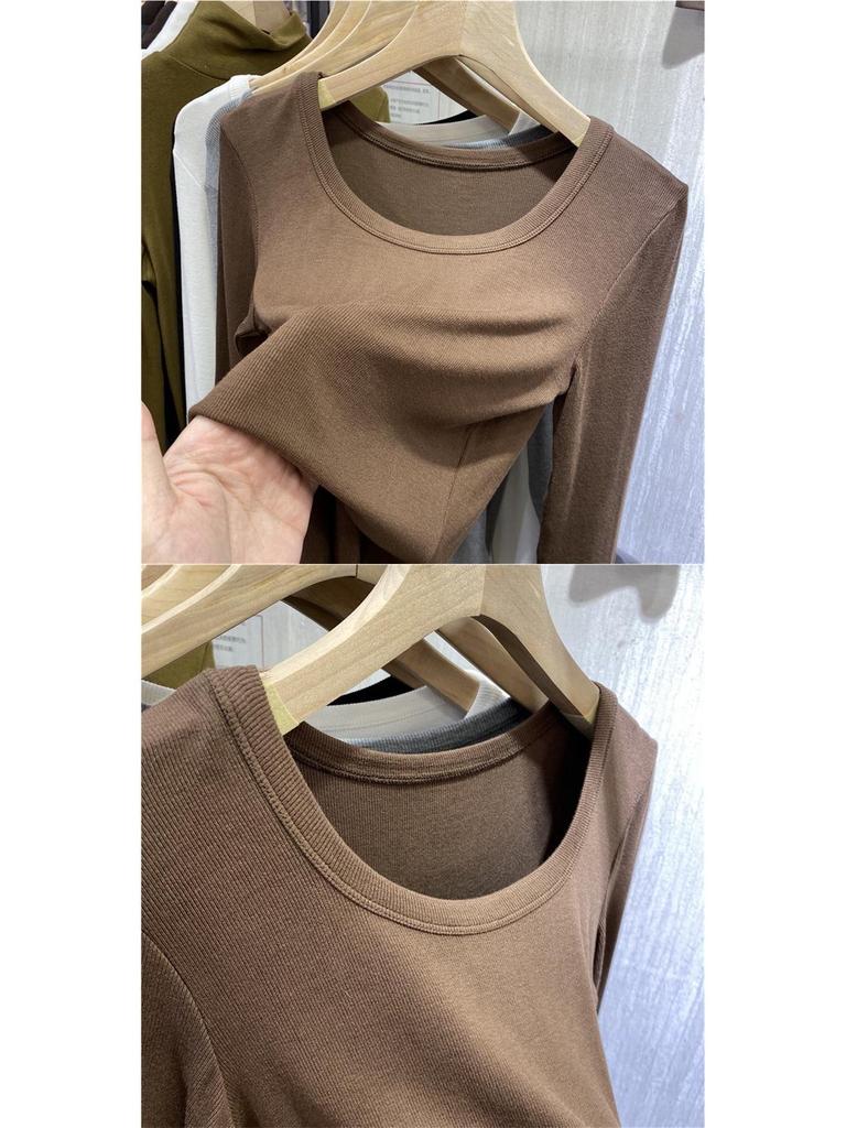 2025 A/W Women's Ribbed Long Sleeve Tee - Low Round Neck Clavicle Style, Solid Color, Versatile Top