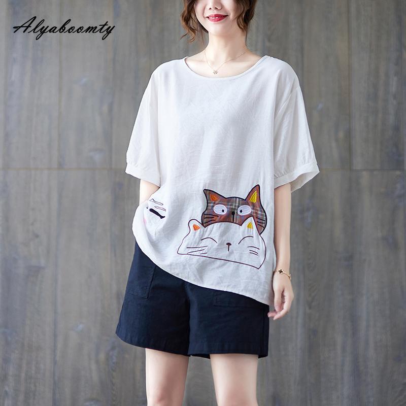 Korean Style Plus Size Summer Women Ramie Top O Neck White Black Blue Casual Loose T-Shirt Cartoon Embroidery Oversized Ladies' Tee