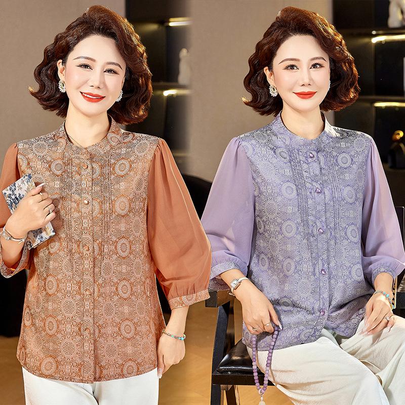Elegant Chinese-Style Summer T-shirt for Young Mothers and Elderly Women