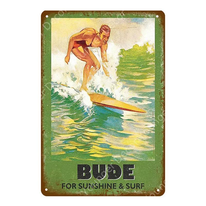 Vintage Hawaii Surfs Up Beach Welcome Metal Tin Sign Ocean Poster for Cafe Bar Outdoor Decor Home Wall Decoration