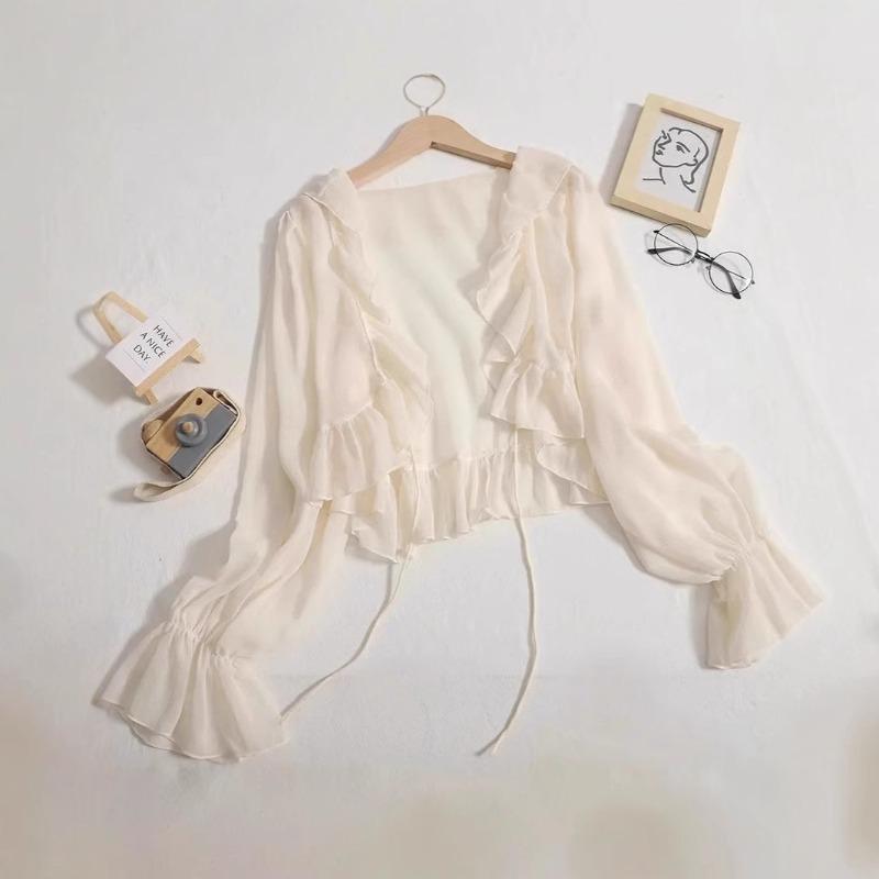 Summer new little fairy ruffle edge knitted cardigan strapped horn sleeves translucent sunscreen clothes long sleeves women