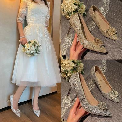 Franse Puntige Pailletten Strass Hoge Hakken voor Dames, Slanke Hakken, Feeënstijl Enkelschoenen, Bruids Kristallen Bruiloftsschoenen