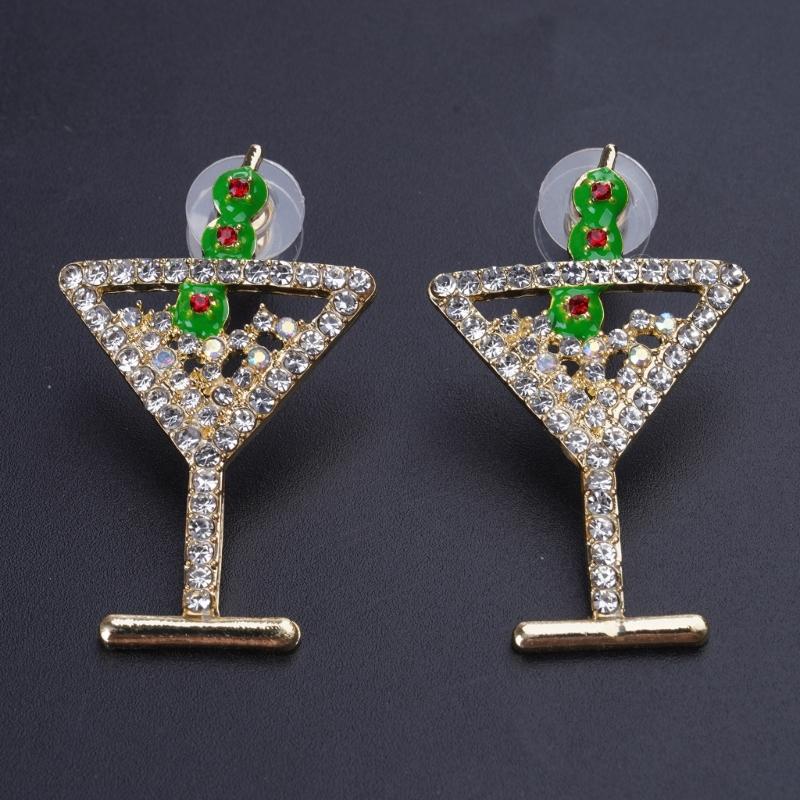 Clovers Earrings Featuring Diamonds Studs and Wine Glass Designs for Festive Luck Celebration Geometric Art