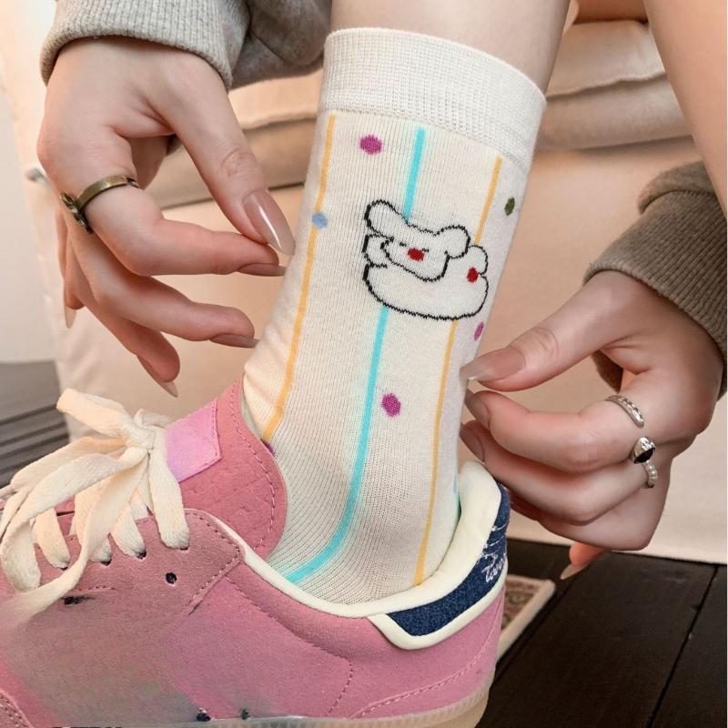 Cute Cartoon Dog, Funny Socks, Women's Mid-calf Socks, Pure Cotton Striped Polka Dot Pile Socks, Long Socks