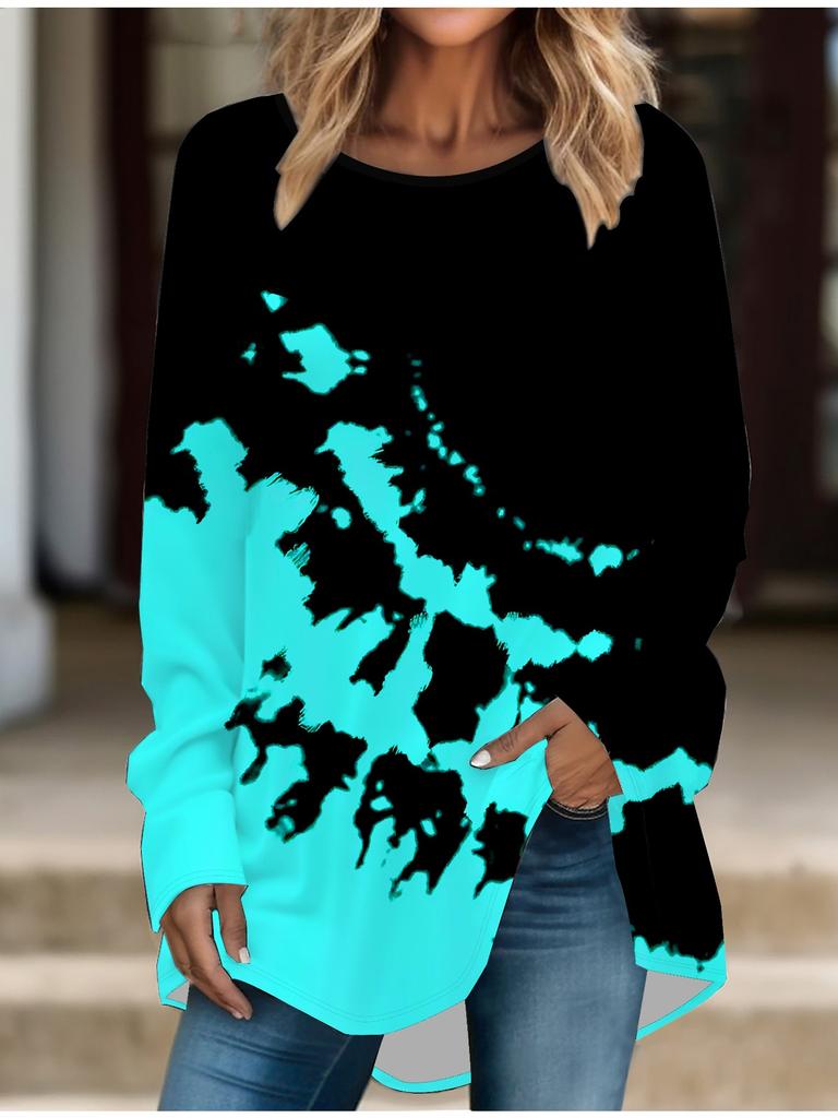 Plus Size Women Spring Render Printed Comfy Long Sleeve Round Collar T-shirt Casual Baggy Mid Length Tee Tops