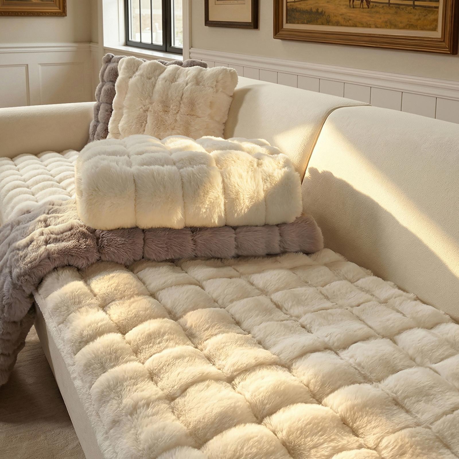 Thick Fluffy Faux Rabbit Fur Sofa Cover Plush Thick Sofa Pad White Non-slip Couch Cover Cushion Home Decor Living Room Luxurious grigio