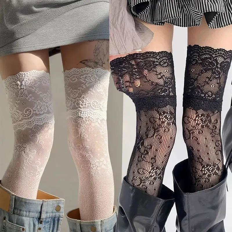 New Women Flower Lace Fishnet Thigh High Stockings Japanese Style JK Girl Sweet Lace Trim Frilly Over Knee Long Socks