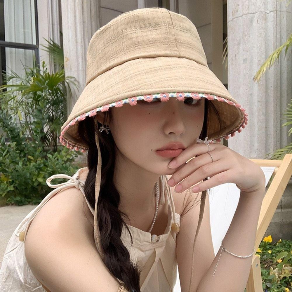 Ribbon Women Fisherman Hat Lace Up Summer Sun Hat Casual Lace Flower Bucket Hat Ladies