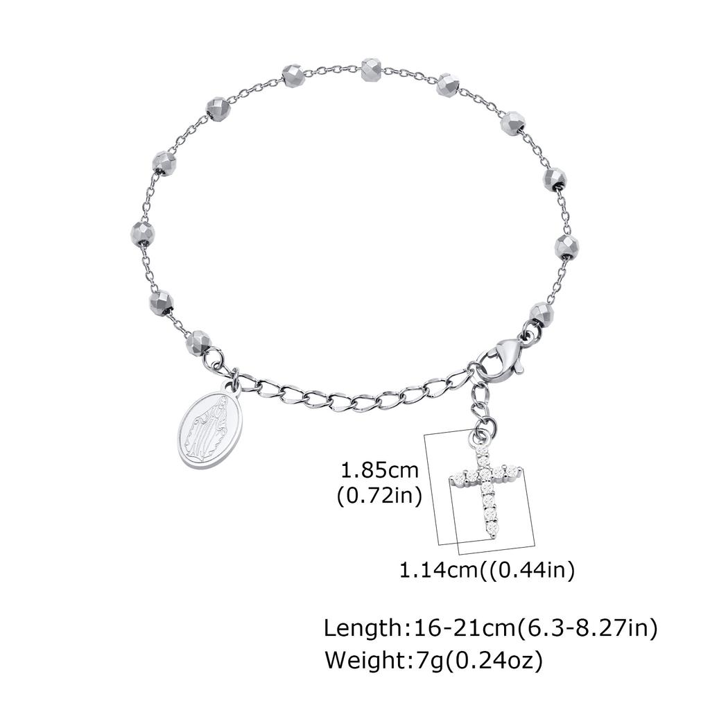 Bracciale Rosario Vergine Colore Argento per Donna, Braccialetti a Catena Serpente con Crocifisso e Perline in Acciaio Inossidabile, Gioielli Cattolici