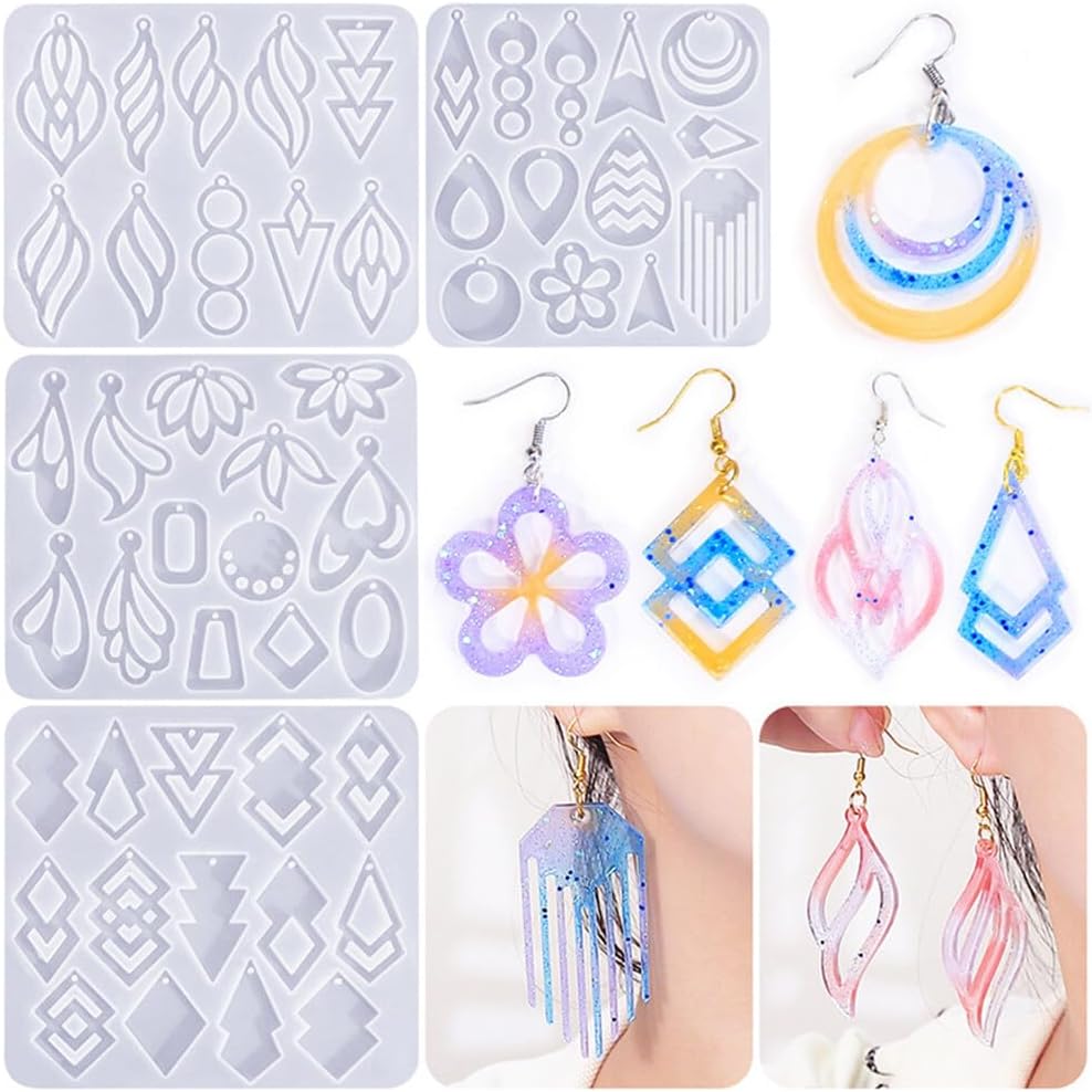 Geometric Earrings Mold Zcargel 4PCS Hollow Geometric Earrings Mold Casting Silicone Earring Resin Molds DIY Earring Mold for Jewelry Pendants