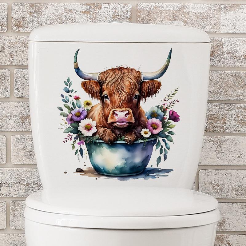 Cute Little Cow Sticker Cartoon Waterproof Bathroom Toilet Decoration Self Adhesive Decals