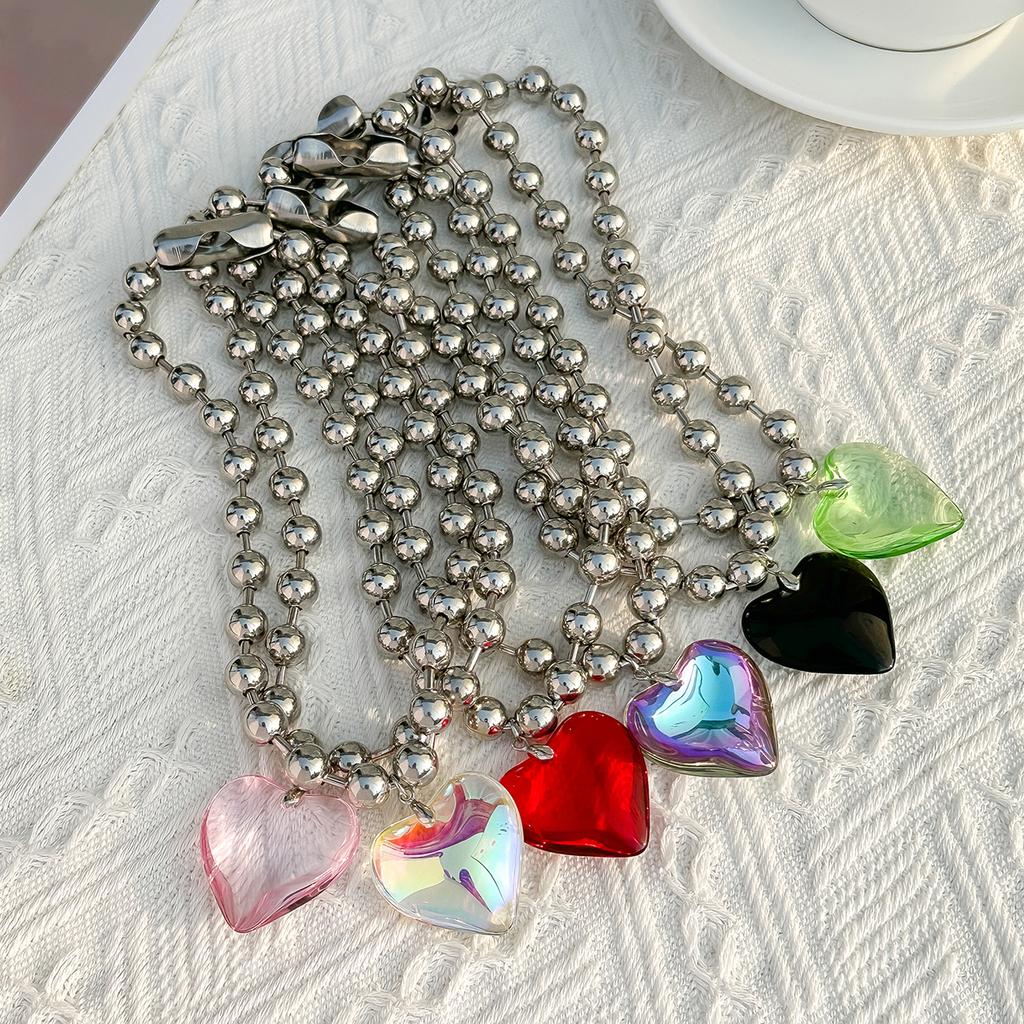 3 Colors Goth Big Love Heart Pendant Necklace for Women Trendy Punk Round Beads Chain Grunge Y2K Jewelry Accessories Steampunk