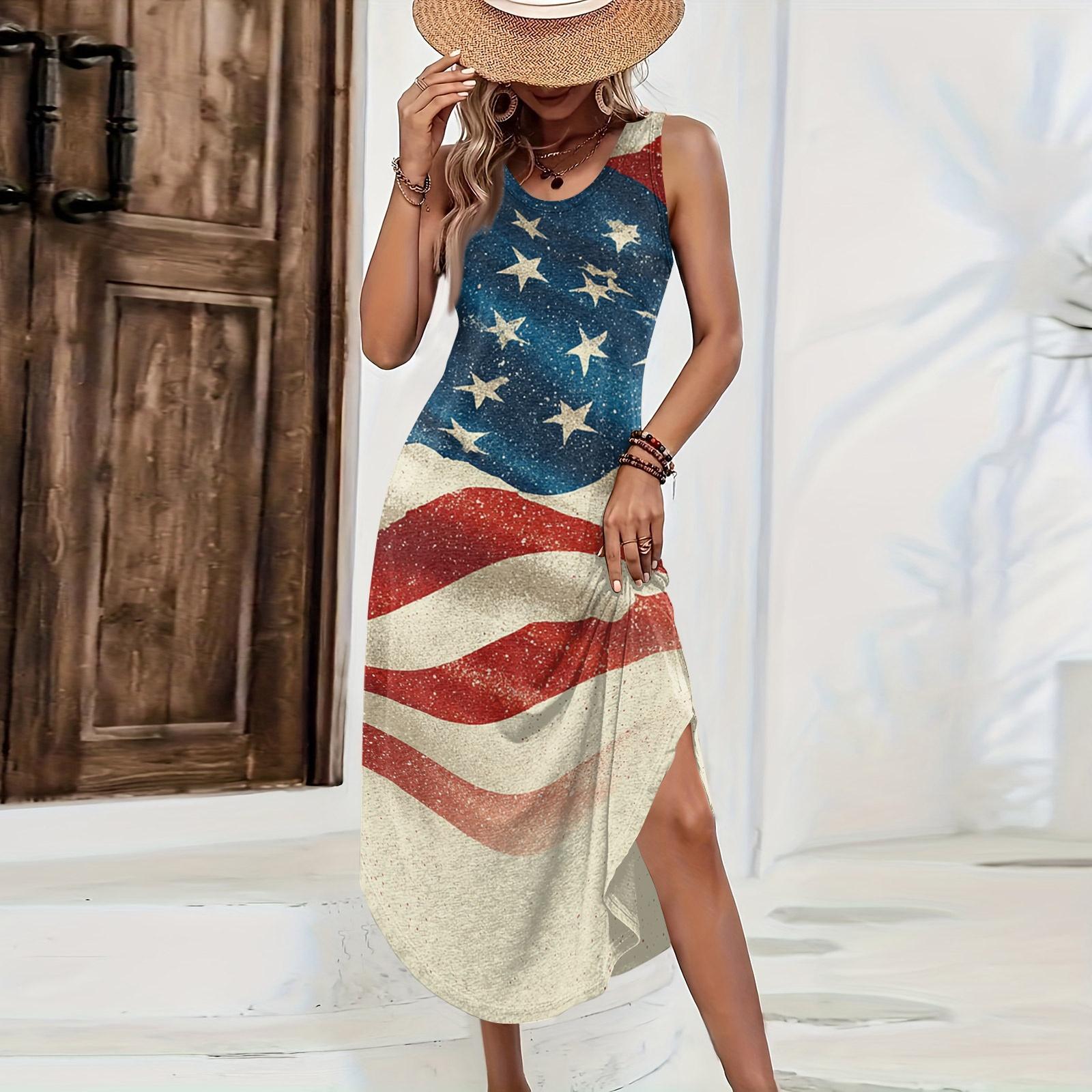 

Women Sleeveless Maxi Dress Loose Fit Casual Long Dress with Independence Day Print Side Slit Summer Beach Dress S
