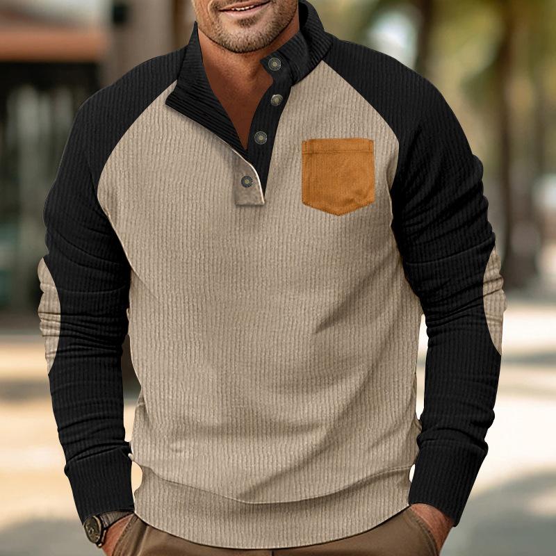 Spring and Autumn Men's Outdoor Casual Stand Collar Loose Corduroy Color Pullover Hoodie