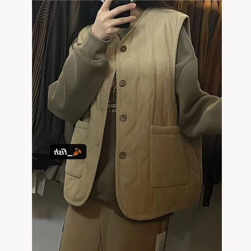 Retro Corduroy Vest Jacket Autumn and Winter Loose Warm Plus Velvet Thickened Vest