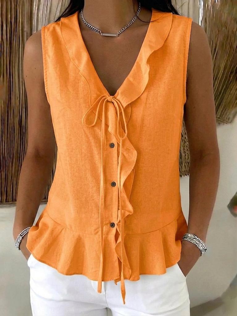 Women's Sleeveless V Neck Ruffle Front Tie Blouse Solid Color Peplum Hem Casual Summer Tank Top
