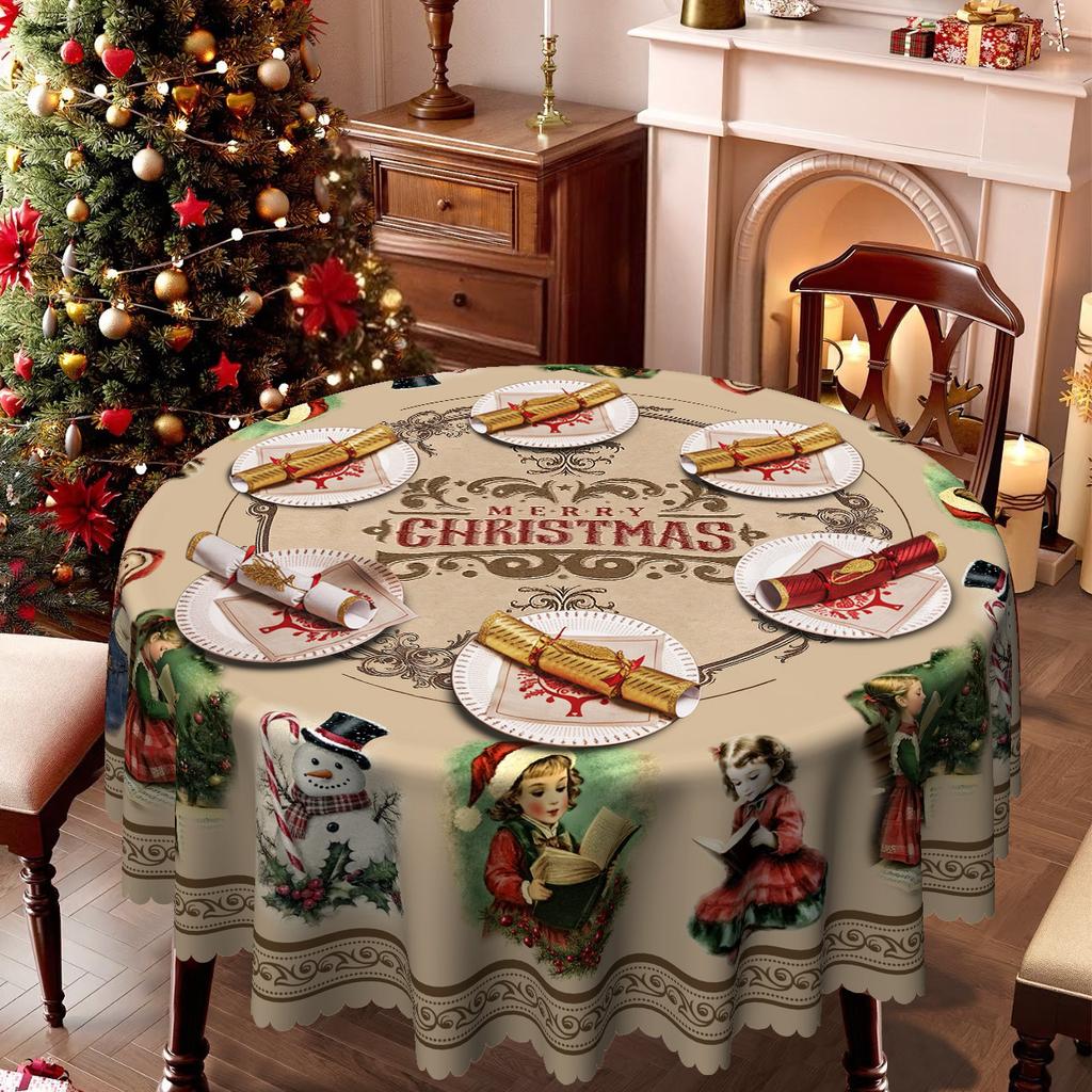 Winter Christmas Tablecloth Santa + Snow Town Red Base Color Printed Dining Table Cloth, Polyester Fabric