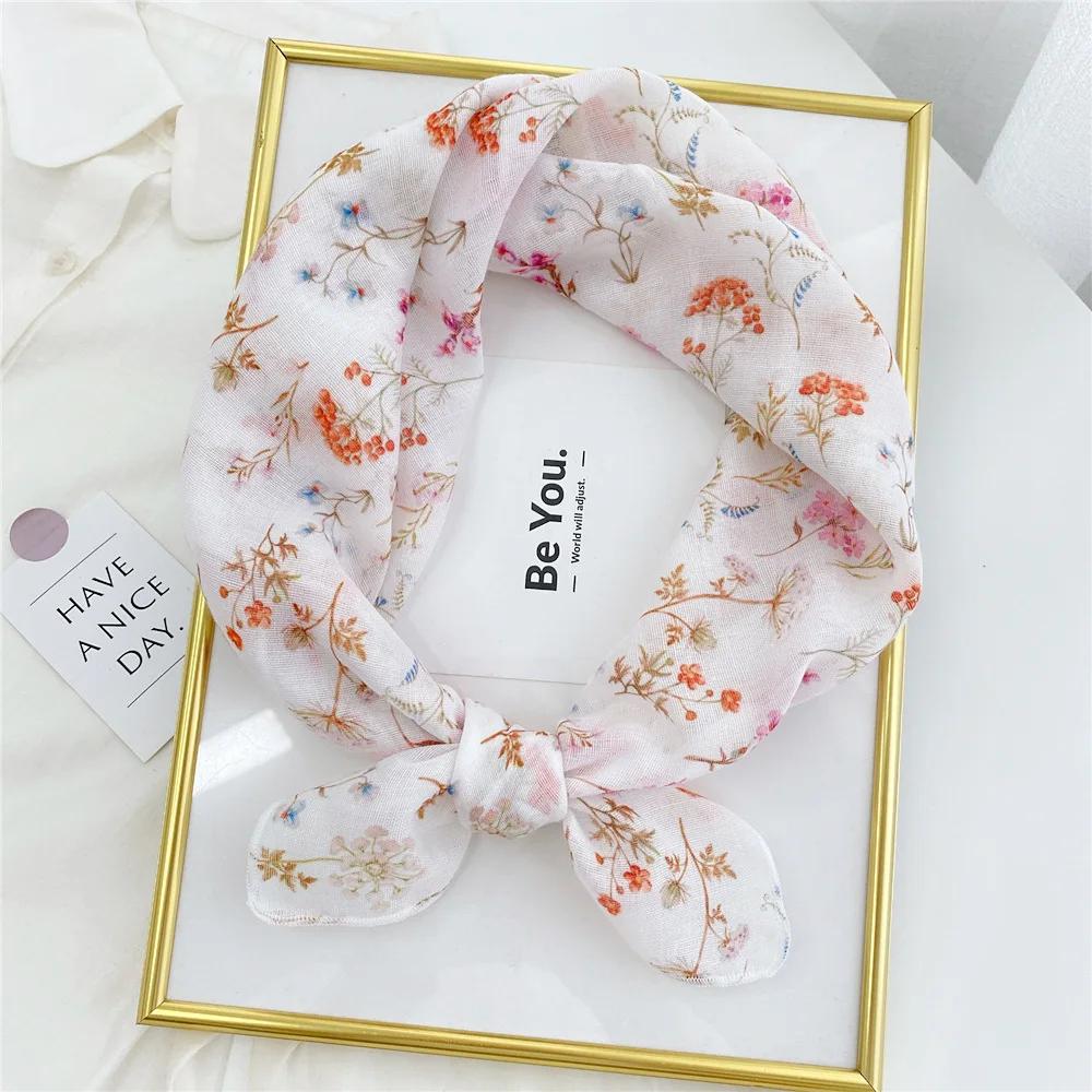 Floral Print Neckerchief Small Hijab Scarfs Women Fashion Handkerchief Neck Scarf Shawls Cotton Blends Korean Hair Scarves 58CM