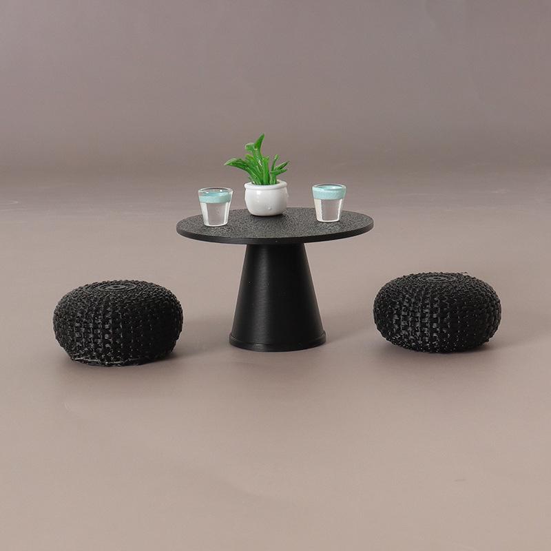 1/12 Dollhouse Simulation Black Round Table Chair Set Dollhouse Living Furniture Decoration Dolls House Micro Scene Decor Props