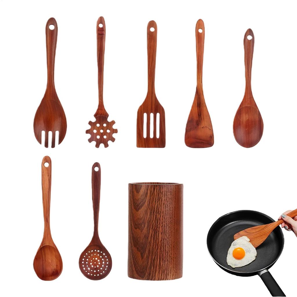8pcs Wood Cooking Utensil Set Heat Resistant Cooking Tool Including Cooking Shovel, Cooking Spoon, Spoon Stand And Spoon Stand
