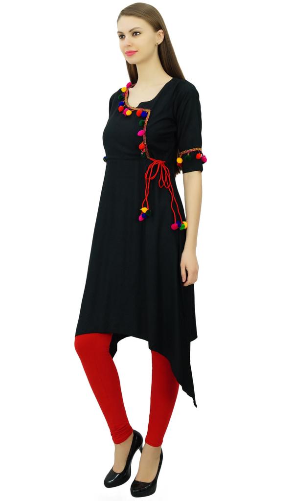 Phagun Angrakha Style Rayon Womens Tunic Kurta Pom-Pom Designer Kurti Top Indian