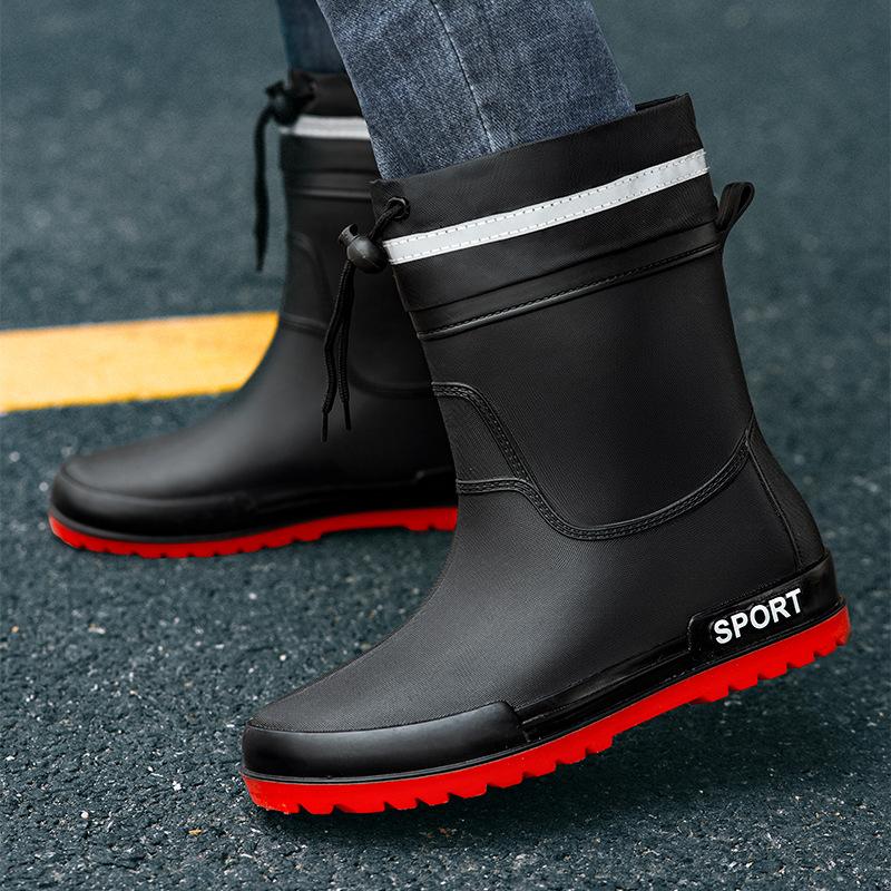 Water shoes rain shoes men's closed elastic bundle waterproof mouth medium tube water boots work rubber shoes velvet cotton warm rain boots