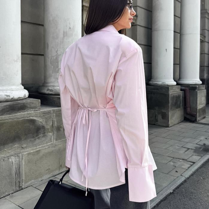 1116 Spring New European and American Fashion Design Sense Waist Split Pink Shirt Commuter Versatile Casual Top Women