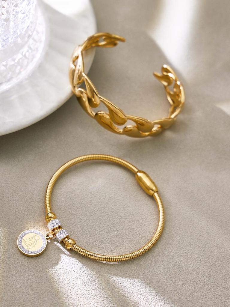 18K Gold-Plated Stainless Steel Round Pendant Bracelet with Zircon Inlay for Women - Popular European & American Style