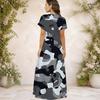 Women Plus Size V Neck Short Sleeve Blue Printed Long Straight Dress