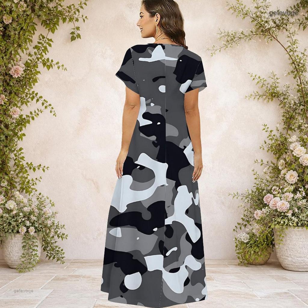 Women Plus Size V Neck Short Sleeve Blue Printed Long Straight Dress