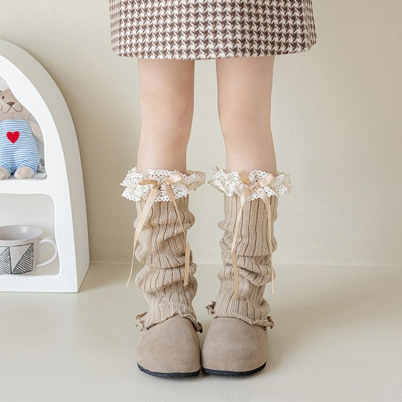 Kinder Mädchen Lolita Beinwärmer Gestrickte Socken Europäischer Stil Leggings Niedliche Spitze Schleife Kleinkind Lange Socken Beinwärmer